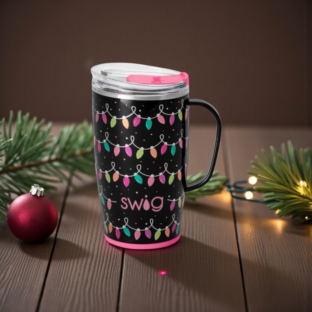 Swig Black & Pink Holiday Light Travel Mug with Handle